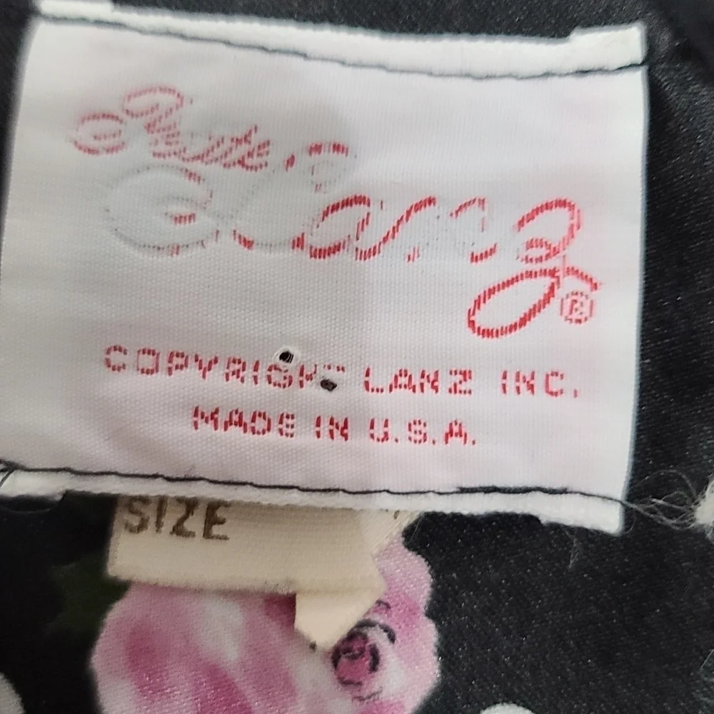 VTG‎ Petite Lanz USA Dress Black W/White Polka-dots/Pink Roses Pockets Sz 2 READ